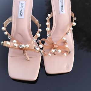 Steve Madden Peach Bow Pearl & Rhinestone Slide Sandals